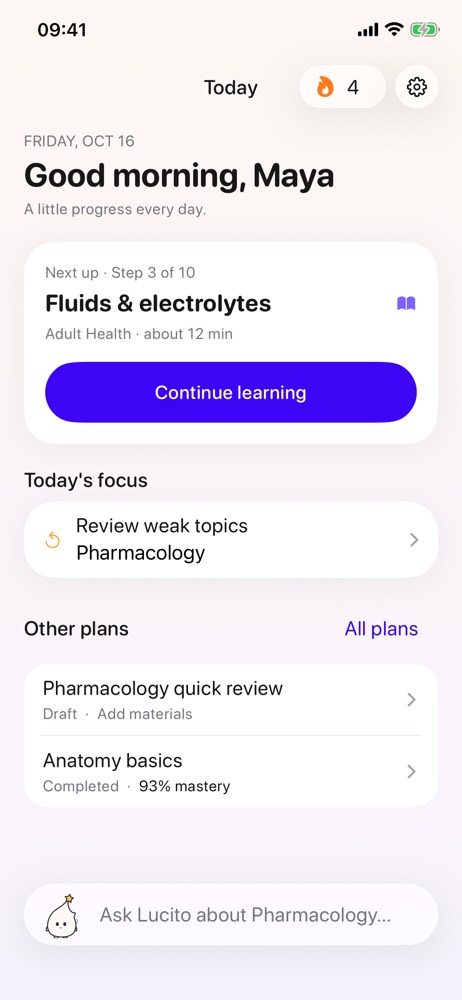 Today screen: Next up, Step 3 of 10, Fluids and electrolytes