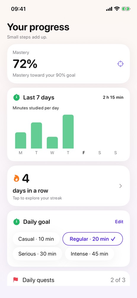 Progress: 72% mastery, study minutes and a 4-day streak